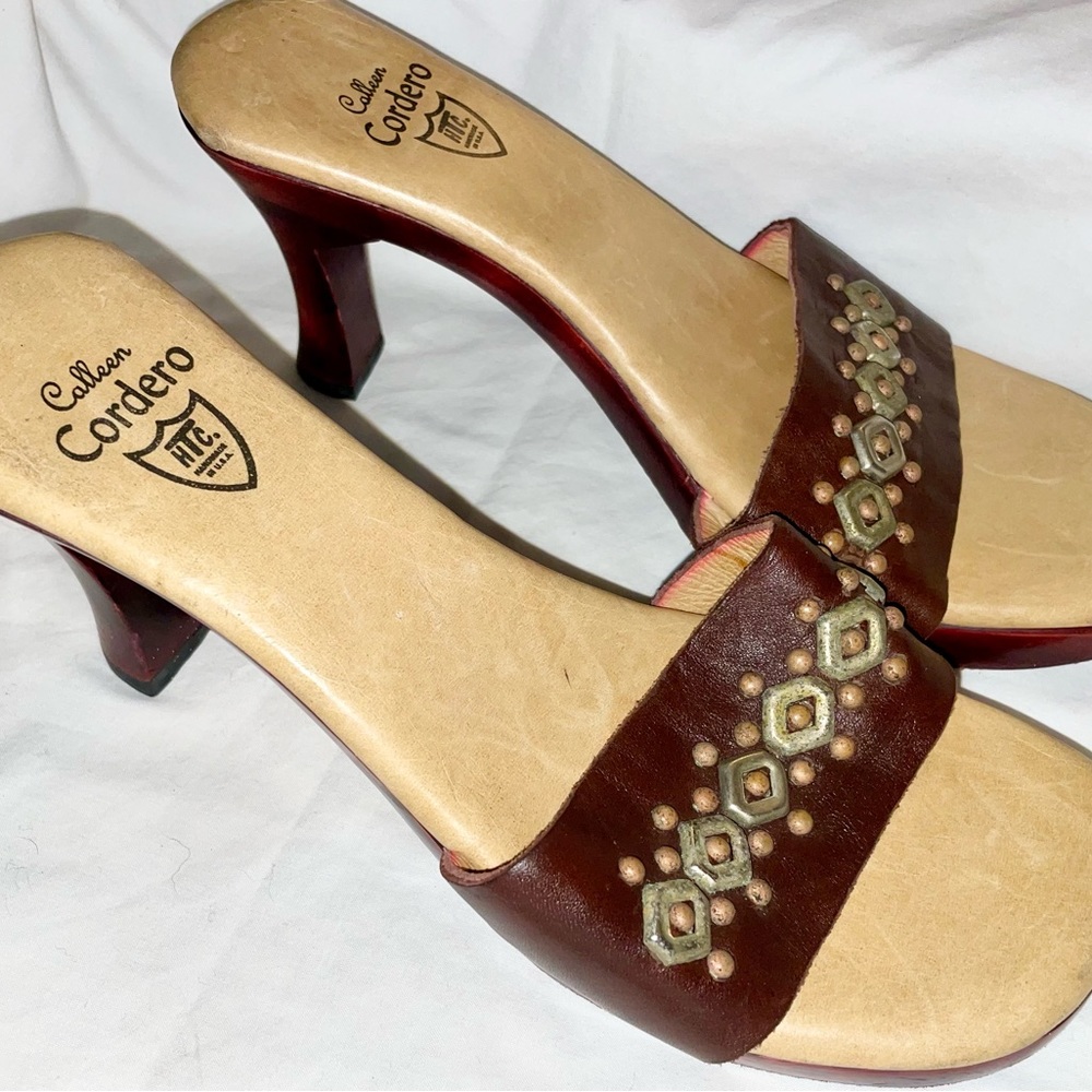 Calleen Cordero Leather With Brass Detail Wood Heel Slide Sandal Shoe Size 9 New